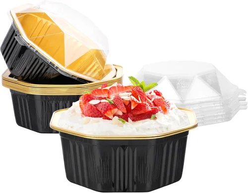 Vista 10 de Beasea Tazas desechables para hornear con tapas, juego de 50 unidades, 13.5 oz 400 ml, ramekins de aluminio con tapa de papel de aluminio, moldes
