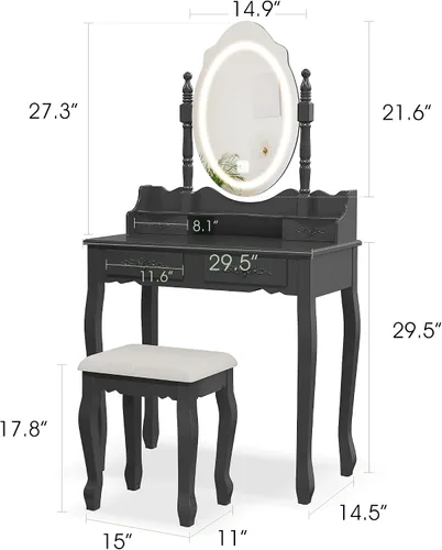 Vista 8 de Escritorio de tocador con espejo y luces, mesa de maquillaje moderna y taburete acolchado con 4 cajones, 3 modos de iluminación de color con brillo
