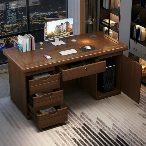 Vista 5 de Escritorio de oficina de madera, moderno de mediados de siglo con forma rectangular con gestión de cables, archivador y cajones