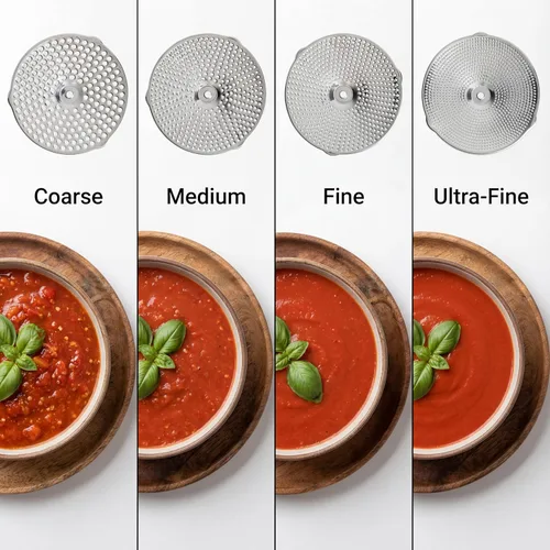 Vista 2 de Molinillo de Alimentos de Acero Inoxidable con 4 Discos Mejorado – Diseño Rotatorio Ergonómico para Salsa de Tomate, Puré de Manzana, Comida