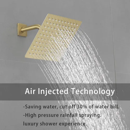 Vista 2 de Sistema de ducha dorado cepillado con cabezal de ducha de lluvia de alta presión de 20.3 cm, cabezal de ducha de mano, juego combinado