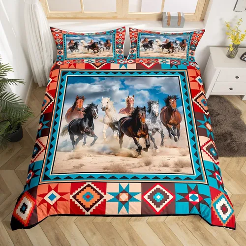 Vista 22 de Juego de funda de edredón con diseño de caballos, atrapasueños para niños, adolescentes, hombres, funda de edredón con estampado de caballos