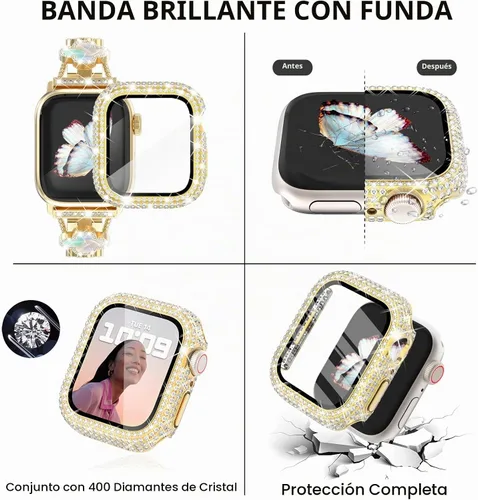 Vista 9 de Surace - Correa compatible con Apple Watch de 1.50 pulgadas para mujer, correa de metal con diamantes de imitación y circón en acero inoxidable