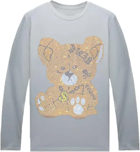 Vista 17 de HZCX FASHION Camisetas gráficas de manga larga para hombre y mujer, camisetas divertidas con diamantes de imitación
