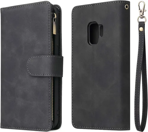 Vista 7 de UEEBAI Funda tipo cartera para Samsung Galaxy S9 Plus, funda de piel sintética, cierre magnético, bolsillo con cremallera, ranuras para tarjetas
