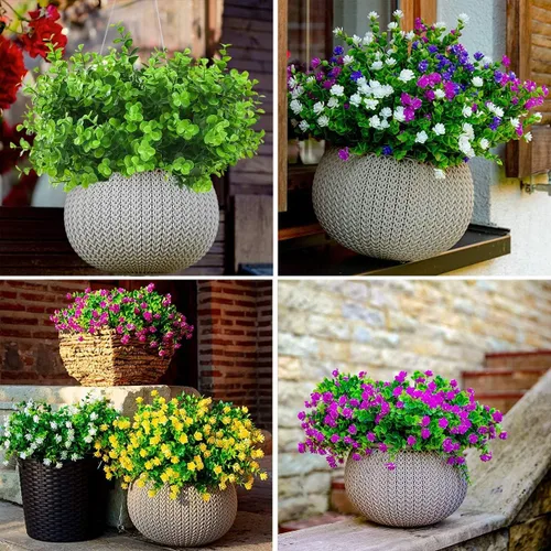 Vista 7 de Flores artificiales para exteriores, 8 paquetes de flores falsas resistentes a los rayos UV, flores sintéticas de plástico para exteriores, plantas