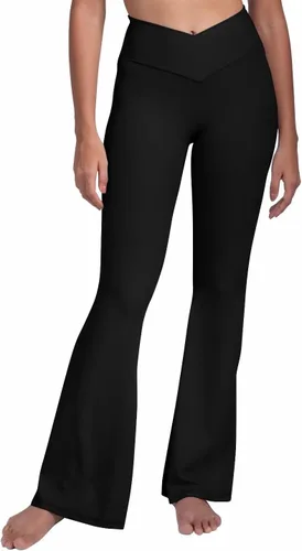 Vista 3 de Sunzel Elerib - Leggings acampanados acanalados cruzados para mujer, cintura alta, control de abdomen, pantalones casuales de yoga acampanados