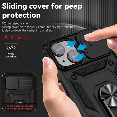 Vista 3 de Funda magnética compatible con iPhone 14 Plus, iPhone 14 Plus con cubierta de cámara y soporte de grado militar, a prueba de golpes, color negro