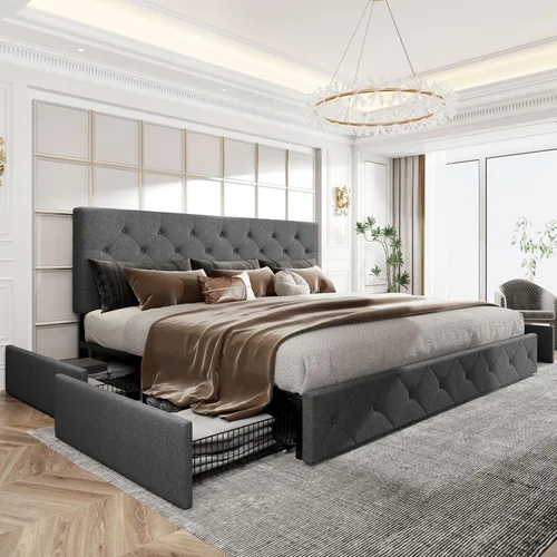Vista 24 de HOOMIC Base de cama de almacenamiento de plataforma de tamaño matrimonial con 4 cajones y cabecera ajustable, listones de madera, no necesita Blanco