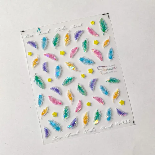 Vista 5 de Calcomanías de uñas de plumas 5D en relieve, color blanco, verde, azul, rosa, cuero, diseño de uñas, grabado de cuero hueco, autoadhesivo, Notas