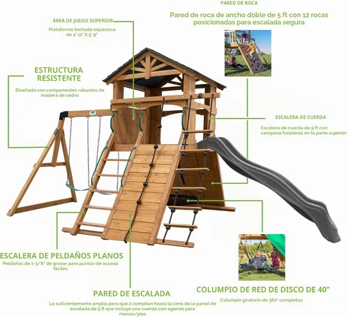 Vista 4 de Juego de columpio Backyard Discovery Endeavor de madera de cedro con tobogán de ola, plataforma de juego, doble pared de roca, escalera de cuerda