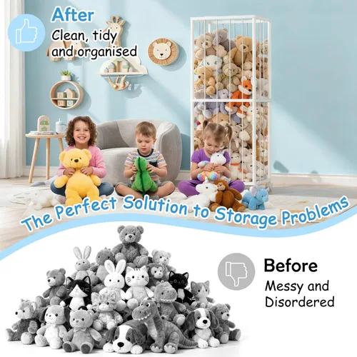 Vista 4 de Fixwal Tubo de metal para almacenamiento de animales de peluche, extra grande, organizador de juguetes para niños, con banda elástica y red