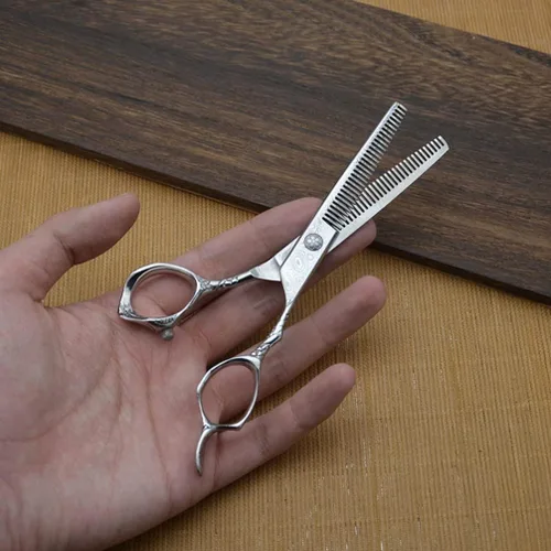Vista 7 de Tijeras de corte de pelo de acero de dos lados para adelgazar los dientes de corte de peluquería peluquería peluquería salón de afeitar
