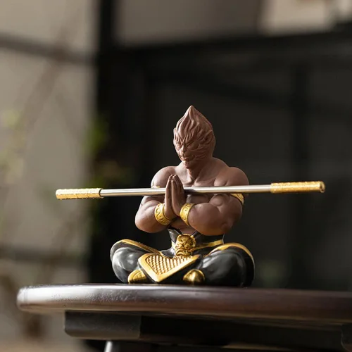 Vista 3 de Figura de rey mono, figura de Sun Wukong de músculos fuertes, estatua de viaje de cerámica al oeste, estatua de meditación de Wukong de 5.5 pulgadas