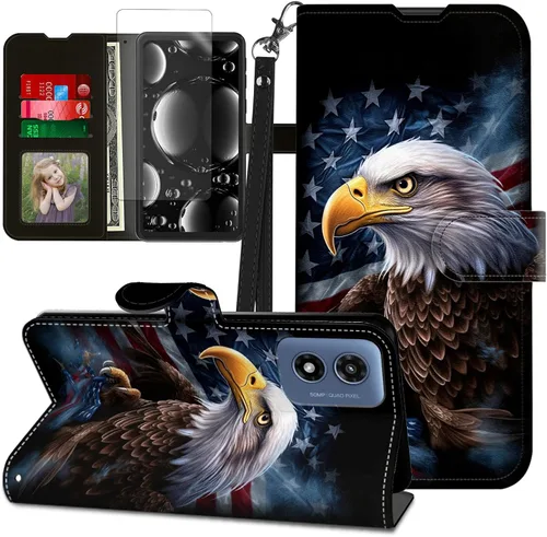 Vista 412 de Funda para Motorola Edge 2022 con protector de pantalla, soporte y tarjetero y correa para la muñeca, funda magnética para Moto Edge 2022 5G UW Lobo