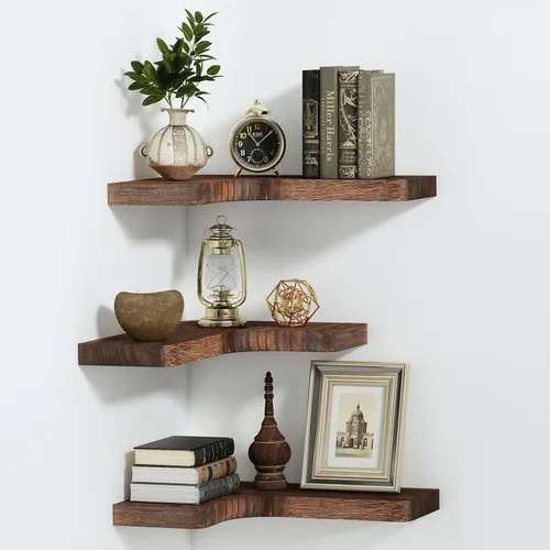 Vista 9 de SAUMONIERES Estantes flotantes de esquina de madera maciza para dormitorio, baño, cocina, almacenamiento, juego de 3, negro, soportes invisibles