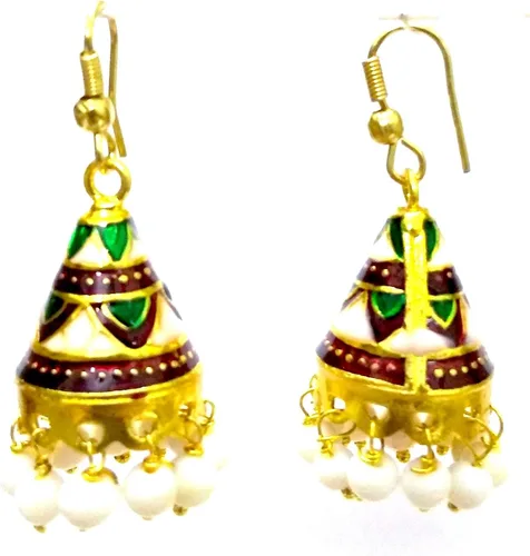 Vista 2 de DESI HAWKER Meenakari Minakari esmalte pintura oro hecho a mano pendiente Bali Jhumki Jhumka joyería Bollywood indio gota étnica colgante lámpara