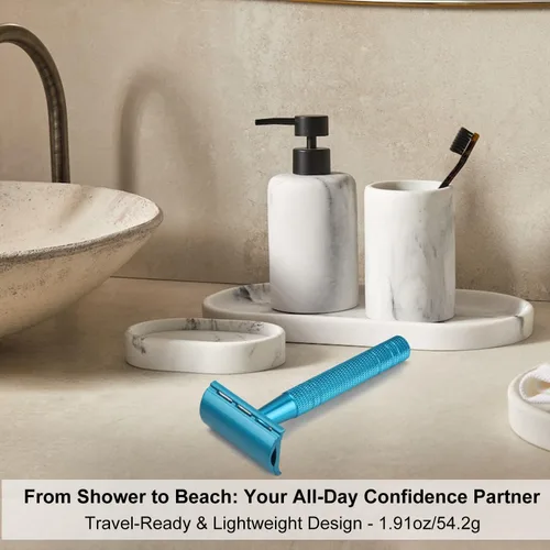 Vista 8 de Maquinilla de afeitar de seguridad azul, navajas de una sola hoja para hombres Reusable Metal Razor, with 10 Platinum Coated Double Edge Blades