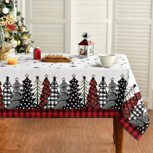 Vista 12 de Horaldaily Mantel de Navidad 52×70 Pulgadas Rectangular, Árboles de Navidad con Diseño de Búfalo a Cuadros Negro Lavable, Cubierta de Mesa