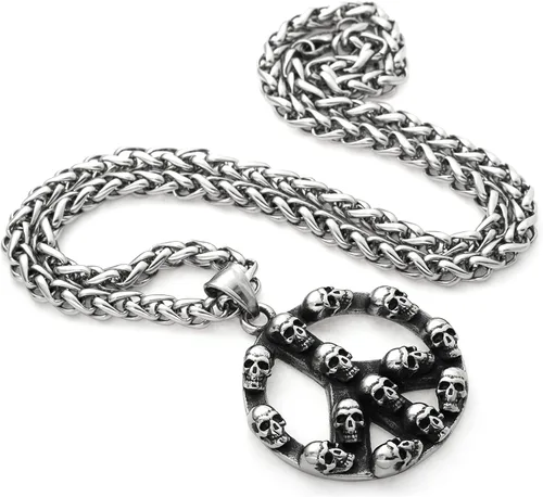 Vista 4 de Gungneer Collar de cadena con dije de símbolo de paz hippie de calavera, collar de cadena de motociclista de rock, joyería steampunk para hombres