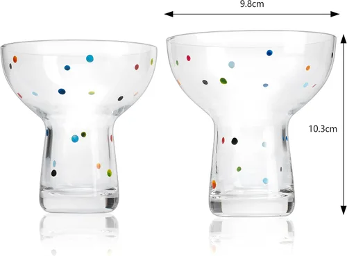 Vista 3 de Vasos coloridos soplados a mano con lunares – Margarita de confeti, copa de vino y Martini con puntos brillantes – Divertida cristalería retro
