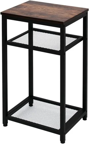 Vista 8 de Mesa auxiliar industrial de 2 niveles con estante de almacenamiento, resistente, fácil montaje, muebles decorativos con aspecto de madera con marco