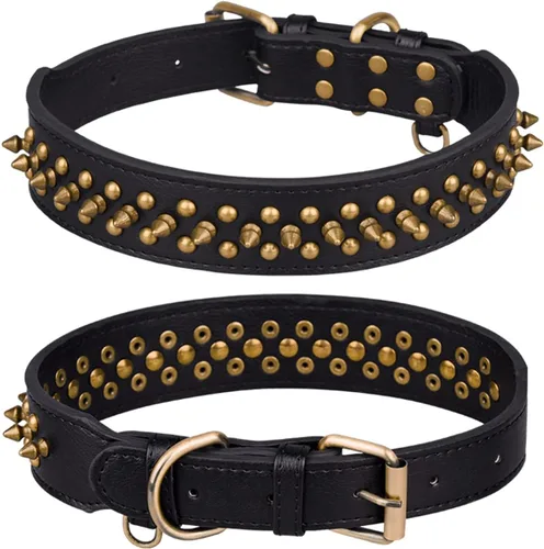 Vista 23 de Serijoars Collar para perro con tachuelas, de piel sintética suave con clavos de hongos, ajustable, para cachorros (XS, Negro)