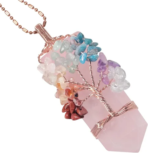 Vista 10 de TUMBEELLUWA Collar con colgante de árbol de 7 chakras unisex, alambre de cobre envuelto en 6 facetas con piedra de cristal con dije de amuleto