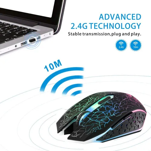 Vista 4 de TENMOS M2 - Mouse inalámbrico para juegos, mouse óptico USB silencioso recargable con luz LED de 7 colores, diseño ergonómico, 3 DPI ajustables