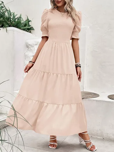 Vista 33 de BTFBM Vestidos para mujer, cuello redondo, casual, de verano, con volantes, manga corta, bohemio, con niveles, fruncido, largo, con estampado floral