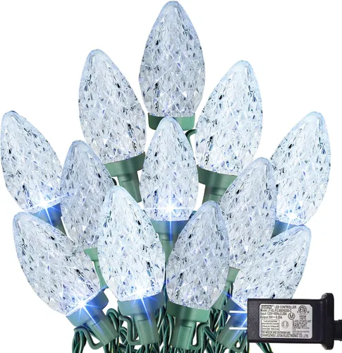 Vista 9 de TW SHINE Luces de Navidad C9, 100 luces LED de 66 pies para exteriores, con 8 modos de temporizador, impermeables, conectables para interiores