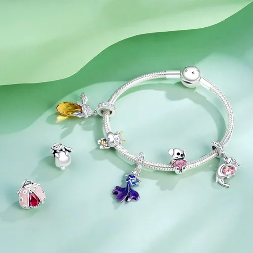 Vista 3 de NINGAN Dije de plata de ley 925 con diseño de animales, diseño de perro, huella de pata, gato, libélula, conejo Koi, compatible con collar