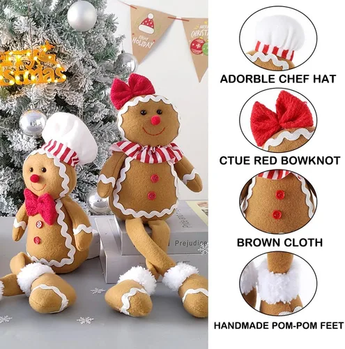 Vista 3 de BALONAR Figuras de Hombre de Jengibre de Peluche de Navidad de 15 Pulgadas de Tamaño Grande Niño Niña con Sombrero de Chef Moño Adorno de Navidad