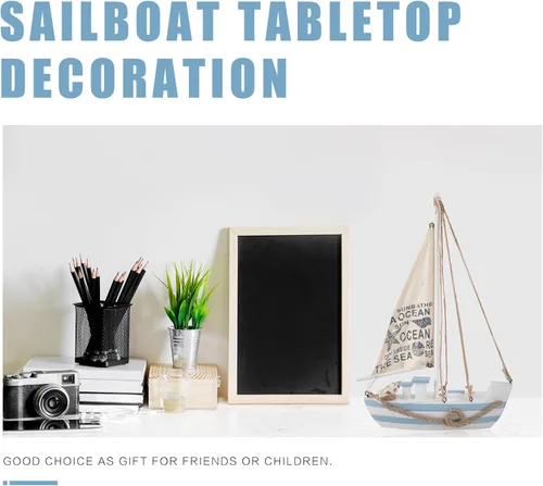 Vista 3 de Modelo de velero de madera, mini LED náutico, conchas náuticas, estatuilla de barco de vela de madera, decoración para el hogar, escritorio