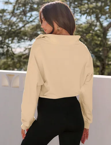 Vista 3 de MEROKEETY Sudadera corta con cremallera de un cuarto para mujer, manga larga, cuello alto, con cordón