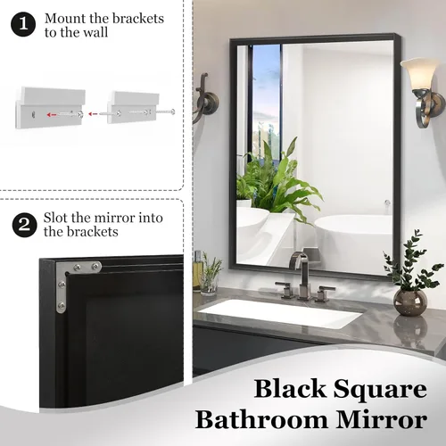 Vista 9 de Espejo rectangular de baño negro brillante de 40 x 30 pulgadas para pared, espejo de tocador para colgar en la esquina, espejo rectangular moderno