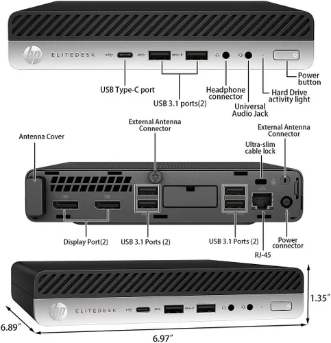 Vista 7 de HP Micro PC EliteDesk 800 G4 Windows 11 Tiny Desktop, i5 Hexa-Core Mini Business Computers 32GB Ram 1TB NVMe M.2 SSD, WiFi, BT, HDMI, DP, USB-C