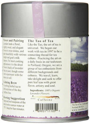 Vista 4 de Té de hierbas de lavanda The Tao of Tea, con hojas sueltas, en una lata de 2 onzas