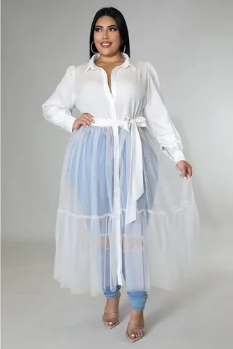 Vista 2 de Ekaliy Blusa tipo túnica casual de talla grande para mujer, blusa de malla transparente, vestido con cinturón, traje de fiesta de club
