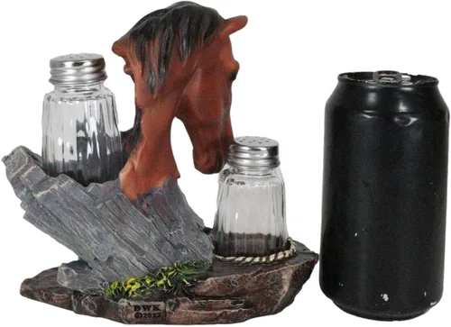 Vista 6 de Ebros Country - Juego de figuras de caballo de semental marrón castaño occidental por Farm Wagon Wheel Lasso Herraduras Salero y Pimentero Estatua