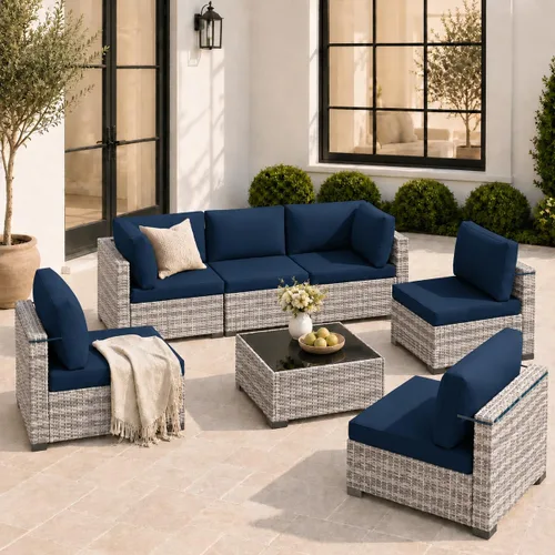 Vista 14 de Juego de 7 muebles de patio al aire libre, sofá seccional al aire libre, muebles de mimbre para patio, juego de conversación de patio con mesa