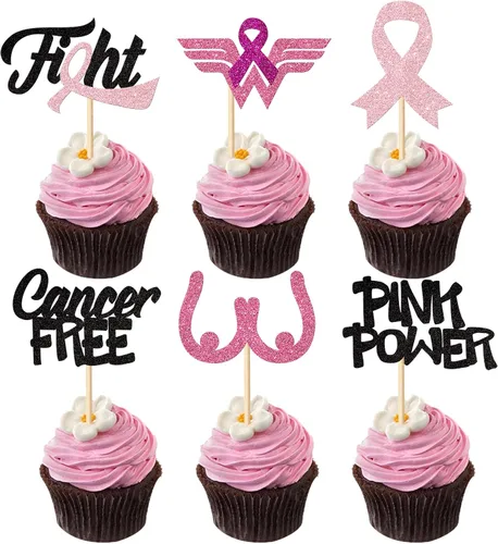 Vista 9 de Rsstarxi Paquete de 24 adornos para cupcakes con purpurina para concientización sobre el cáncer de mama, cinta rosa con purpurina para lucha contra
