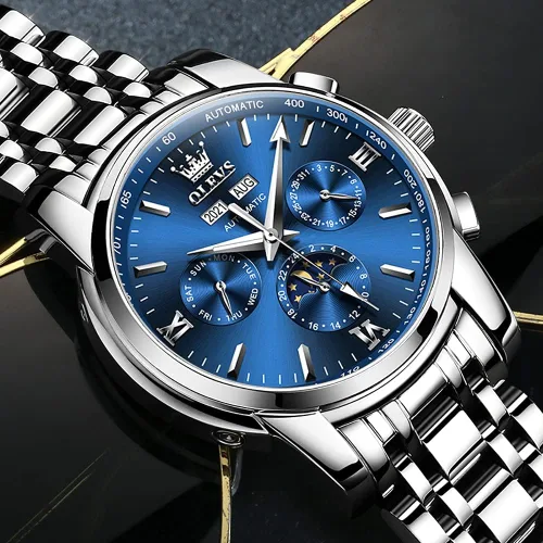 Vista 4 de OLEVS Automatic Mechanical Watches for Men Self Winding no Battery Stainless Steel Strap Luxury Moon Phase Luminous Waterproof Wrist Watch