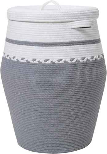 Vista 23 de Cesta alta de cuerda de algodón hecha a mano de 26"x20" con tapa, elegante forma de frasco con cubierta, cesto para ropa con tapa, para dormitorio