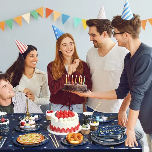 Vista 6 de Capoda Suministros para fiesta de cumpleaños, juego de vajilla de confeti estrellado, platos, tazas, servilletas, vajilla para niños y adultos