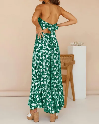 Vista 4 de Prettygrden - Overol casual de verano para mujer, con volantes, cuello cuadrado, lazo en la espalda, cintura alta, bohemio, floral, pierna ancha