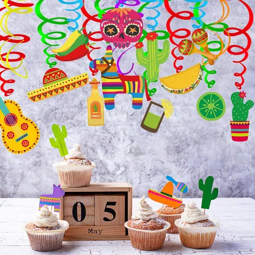 Vista 4 de Supla 30 piezas de decoración de remolinos colgantes para fiesta, fiesta mexicana, Cinco de Mayo, remolinos colgantes, serpentinas colgantes