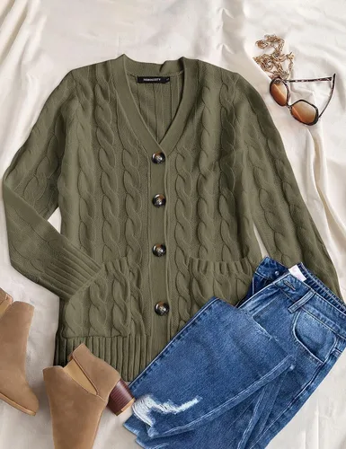 Vista 6 de MEROKEETY - Suéter de punto trenzado y manga larga para mujer, estilo cárdigan abierto al frente, con botones, para otoño, ropa de exterior holgada