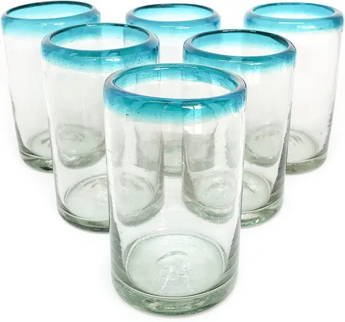 Vista 14 de Aqua Blue Rim - Juego de 6 vasos de 10 onzas (10 onzas) hecho a mano mexicana, vidrio reciclado, sin plomo, sin toxinas (mezclador)