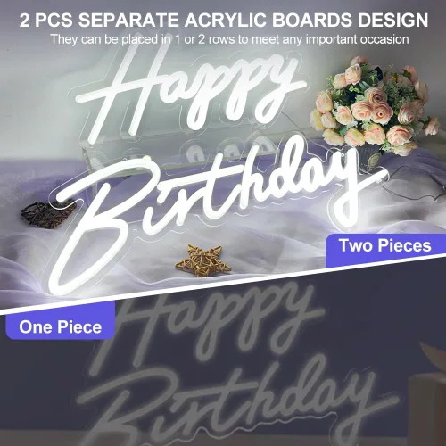 Vista 4 de Letrero de neón de gran tamaño con texto en inglés «Happy Birthday», 2 unidades, letrero luminoso de feliz cumpleaños de 12 V con interruptor
